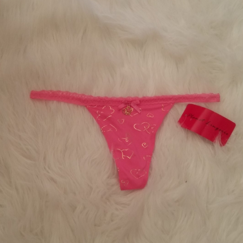PLANET LINGERIE HOT PINK AND GOLD HEART THONGS